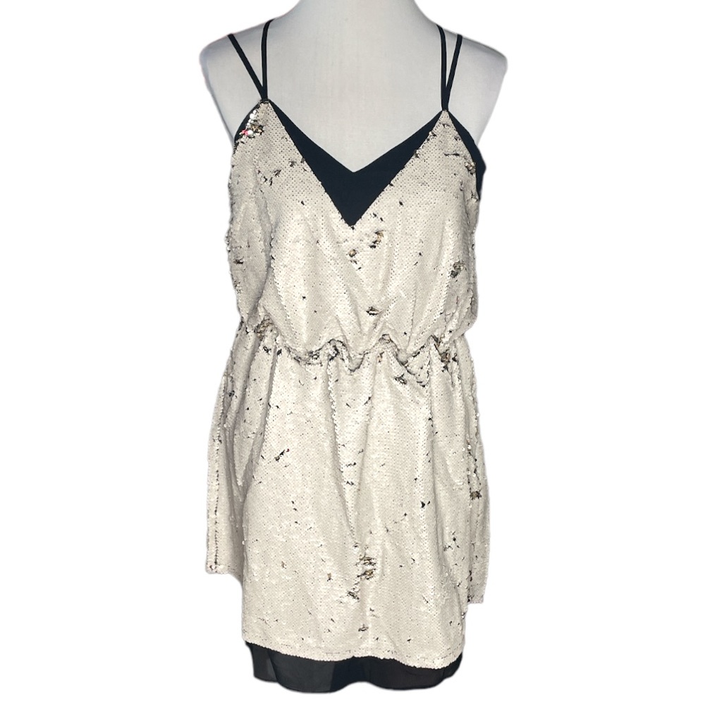 Adelyn Rae Leila Reversible Sequin Strappy Back Dress Cream Gold Black Medium
